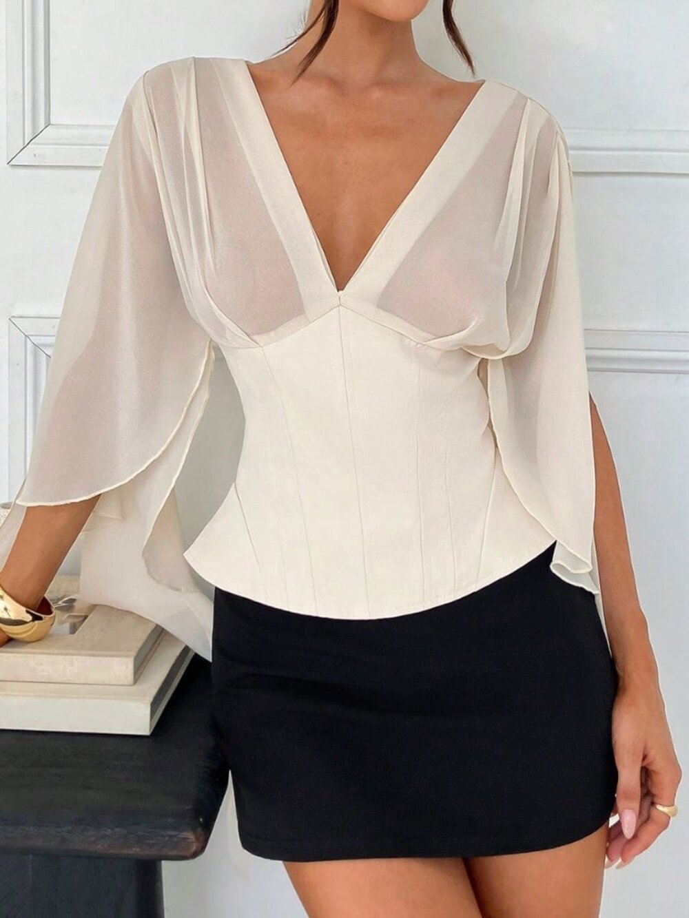 Apricot Elegant Sheer Chiffon V-Neck Corset Women's Top - Picture 8 of 12